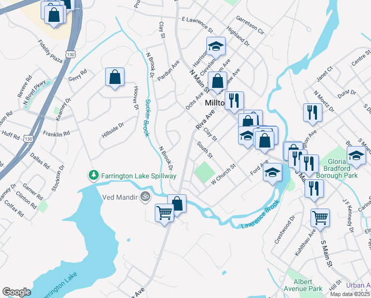 map of restaurants, bars, coffee shops, grocery stores, and more near 106 Riva Avenue in Milltown