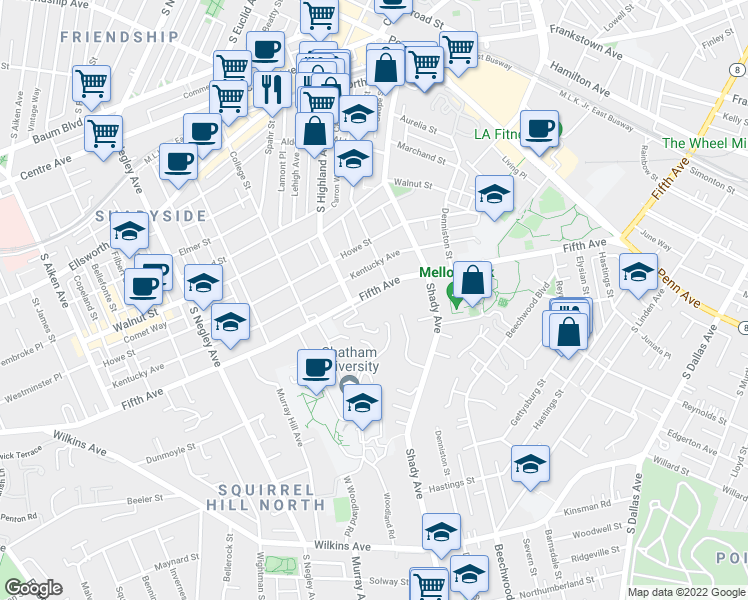 map of restaurants, bars, coffee shops, grocery stores, and more near 144 North Woodland Road in Pittsburgh
