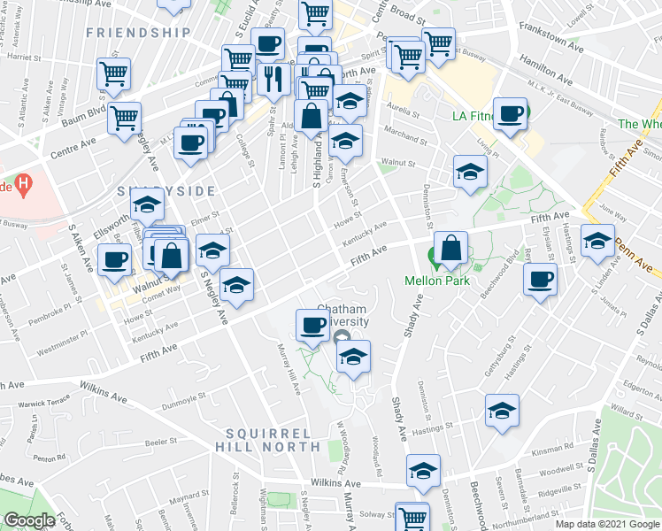 map of restaurants, bars, coffee shops, grocery stores, and more near 5945 Fifth Avenue in Pittsburgh