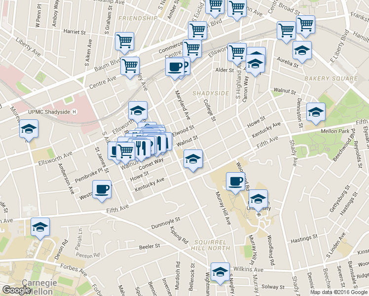 map of restaurants, bars, coffee shops, grocery stores, and more near 5706 Walnut Street in Pittsburgh