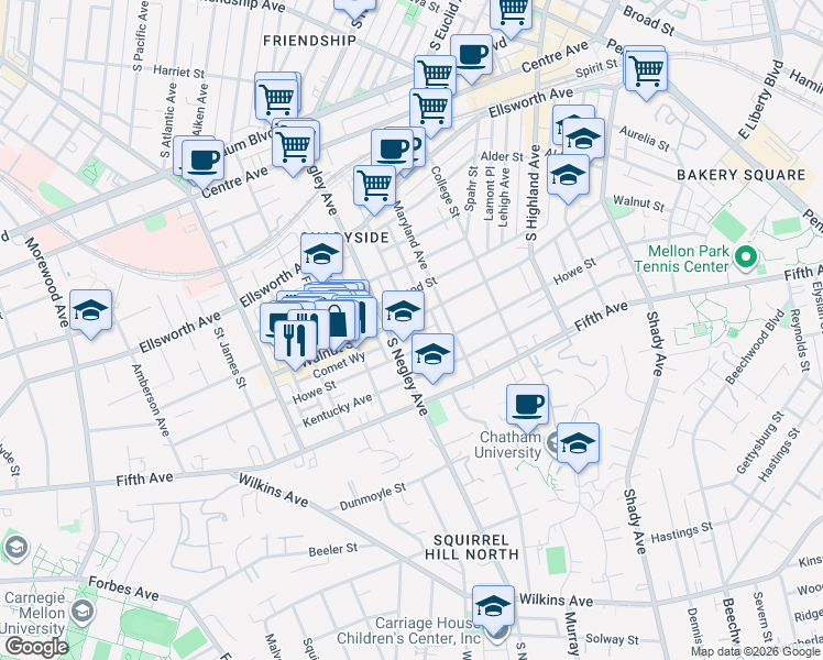 map of restaurants, bars, coffee shops, grocery stores, and more near 5706 Walnut Street in Pittsburgh