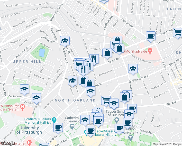 map of restaurants, bars, coffee shops, grocery stores, and more near 4635 Centre Avenue in Pittsburgh