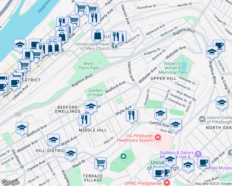map of restaurants, bars, coffee shops, grocery stores, and more near 711 Webster Terrace in Pittsburgh