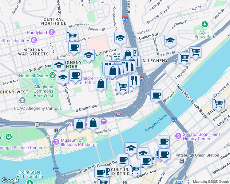 map of restaurants, bars, coffee shops, grocery stores, and more near 408 Cedar Avenue in Pittsburgh