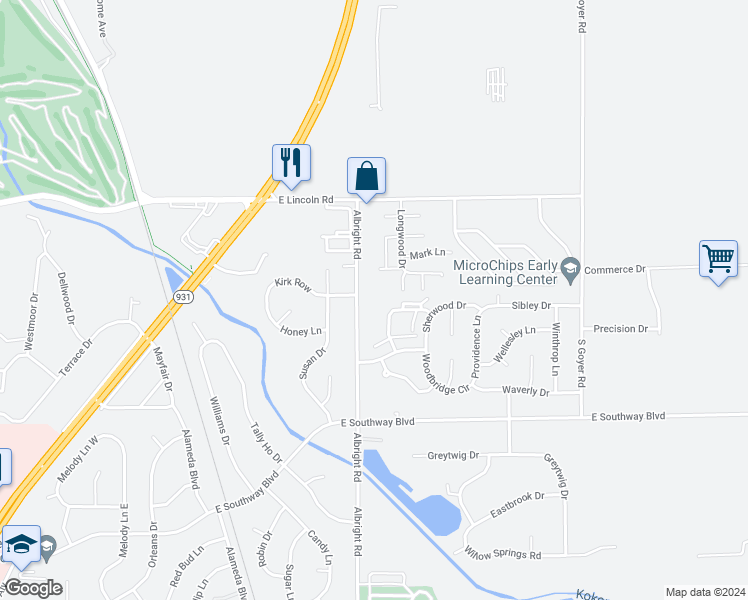 map of restaurants, bars, coffee shops, grocery stores, and more near 2930 Albright Road in Kokomo