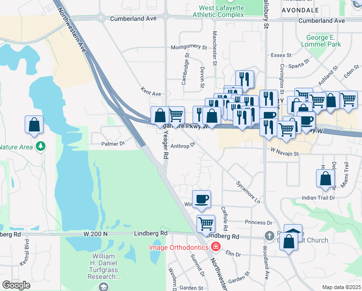 map of restaurants, bars, coffee shops, grocery stores, and more near 1160 Anthrop Drive in West Lafayette