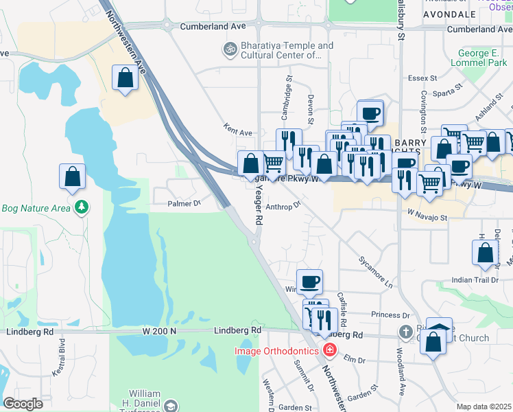 map of restaurants, bars, coffee shops, grocery stores, and more near 2363 Yeager Road in West Lafayette