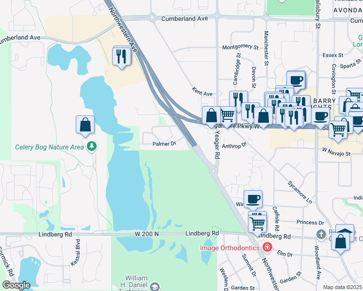 map of restaurants, bars, coffee shops, grocery stores, and more near 1305 Palmer Drive in West Lafayette