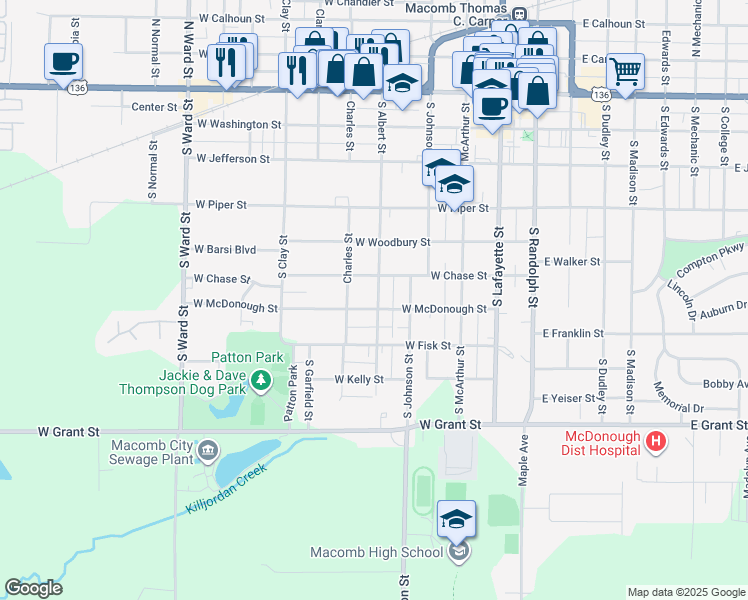 map of restaurants, bars, coffee shops, grocery stores, and more near 402 West McDonough Street in Macomb