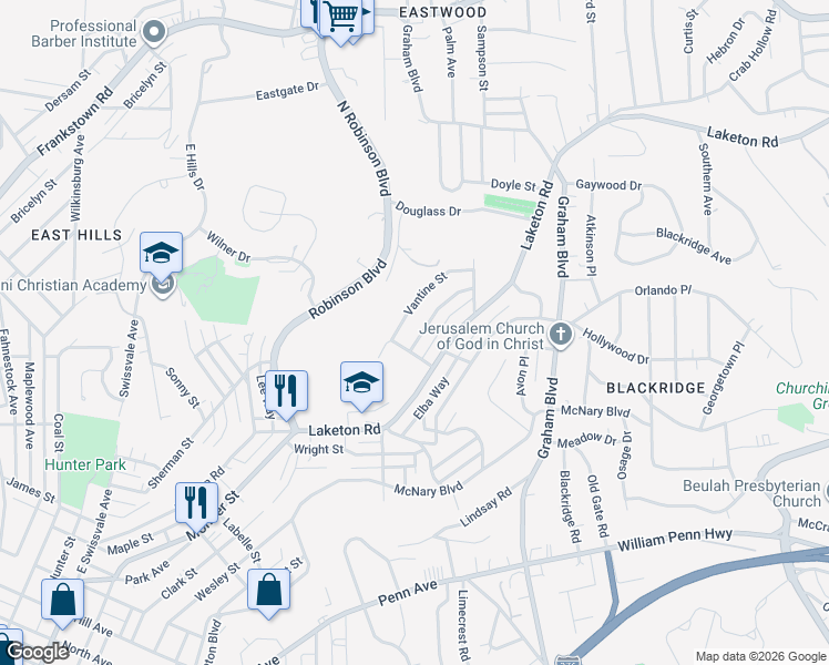 map of restaurants, bars, coffee shops, grocery stores, and more near 2117 Village Drive in Pittsburgh