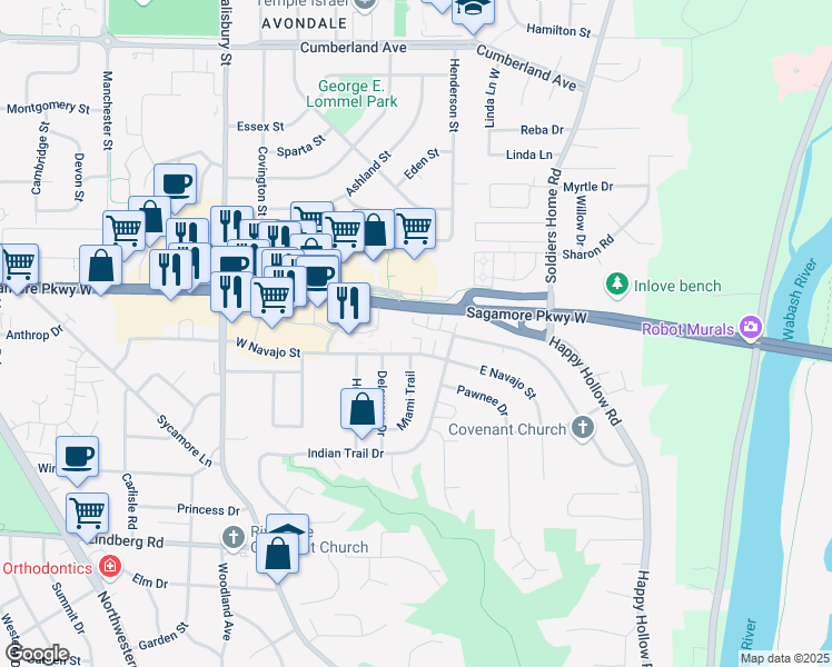 map of restaurants, bars, coffee shops, grocery stores, and more near 160 West Navajo Street in West Lafayette