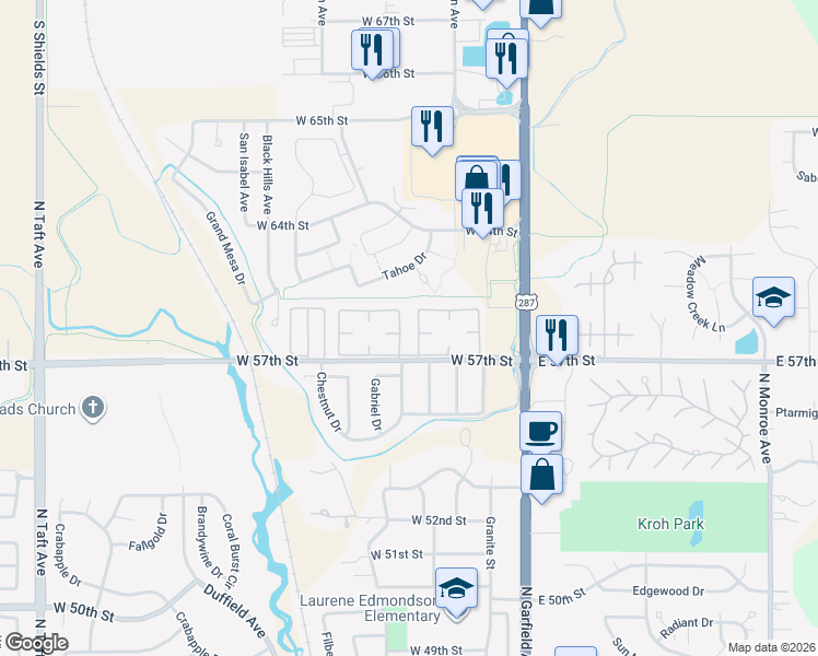 map of restaurants, bars, coffee shops, grocery stores, and more near 221 West 57th Street in Loveland