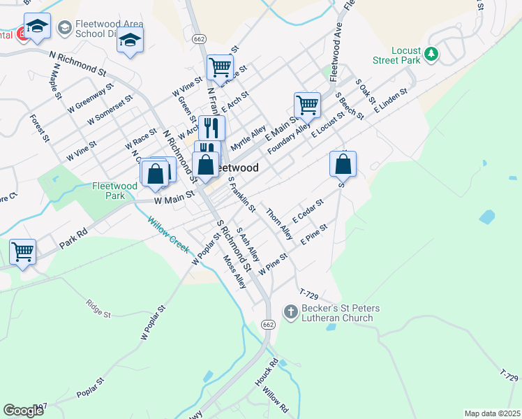 map of restaurants, bars, coffee shops, grocery stores, and more near 133 South Franklin Street in Fleetwood