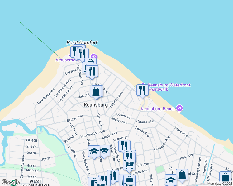 map of restaurants, bars, coffee shops, grocery stores, and more near 33A Bayview Avenue in Keansburg
