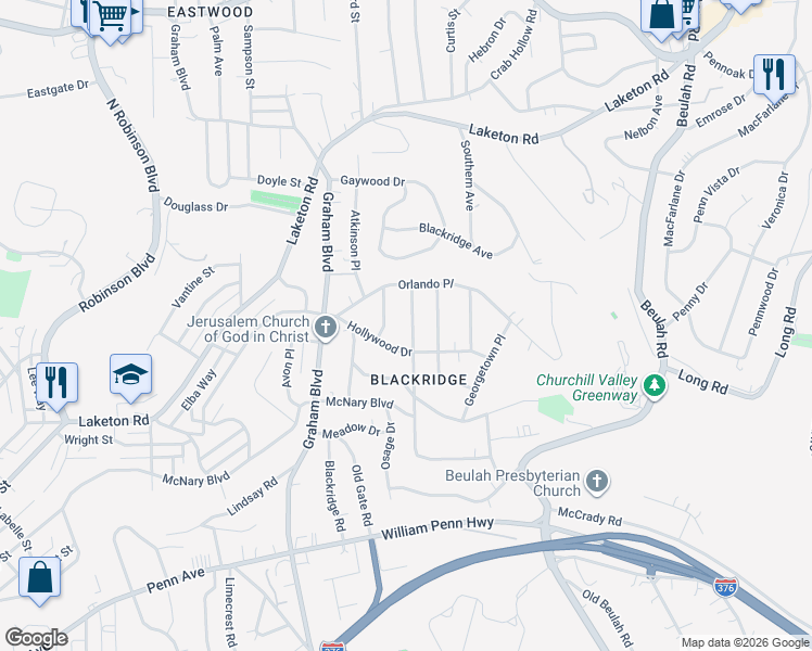 map of restaurants, bars, coffee shops, grocery stores, and more near 1707 Williamsburg Place in Pittsburgh