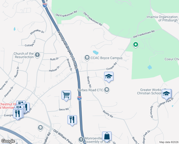 map of restaurants, bars, coffee shops, grocery stores, and more near 601 Beatty Road in Monroeville