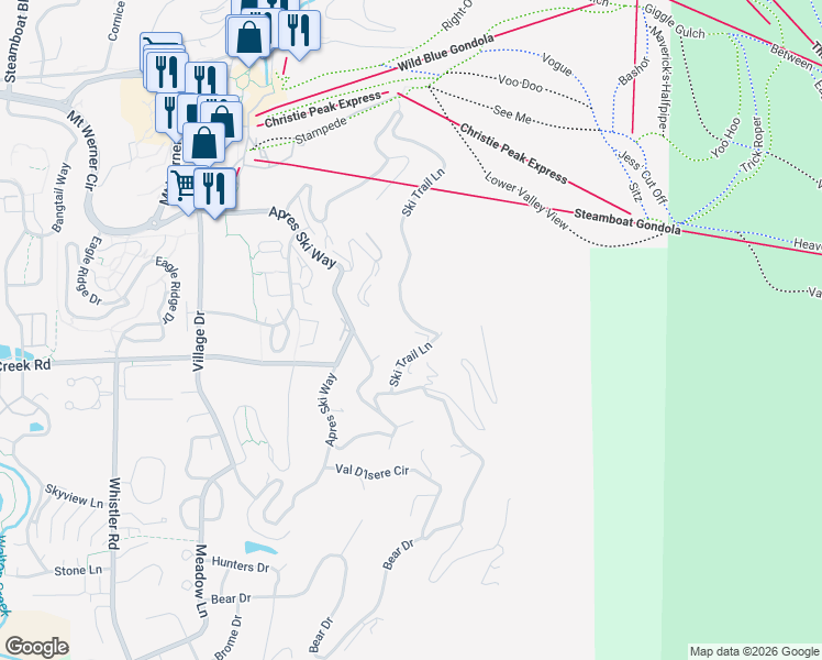 map of restaurants, bars, coffee shops, grocery stores, and more near 2885 Ski Trail Lane in Steamboat Springs