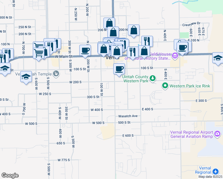map of restaurants, bars, coffee shops, grocery stores, and more near 250 South Vernal Avenue in Vernal