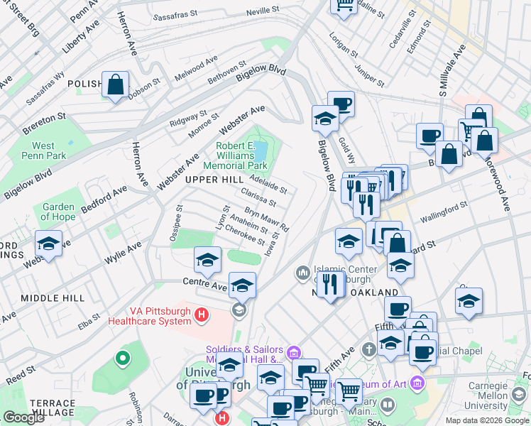 map of restaurants, bars, coffee shops, grocery stores, and more near 928 Clarissa Street in Pittsburgh