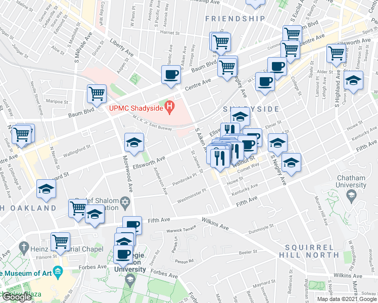 map of restaurants, bars, coffee shops, grocery stores, and more near 5238 Ellsworth Avenue in Pittsburgh