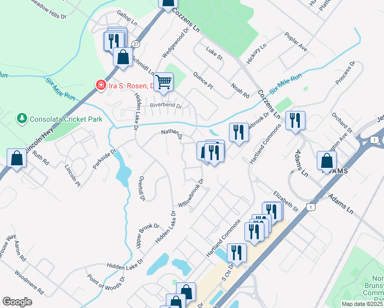 map of restaurants, bars, coffee shops, grocery stores, and more near 223 Nathan Drive in North Brunswick Township