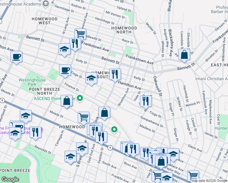map of restaurants, bars, coffee shops, grocery stores, and more near 7607 Tioga Street in Pittsburgh