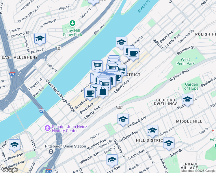 map of restaurants, bars, coffee shops, grocery stores, and more near 2107 Penn Avenue in Pittsburgh
