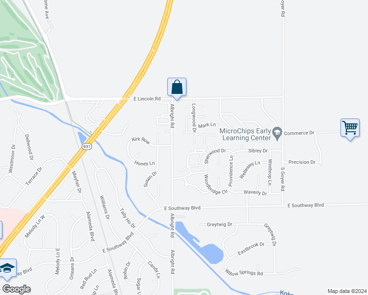 map of restaurants, bars, coffee shops, grocery stores, and more near 2930 Albright Road in Kokomo