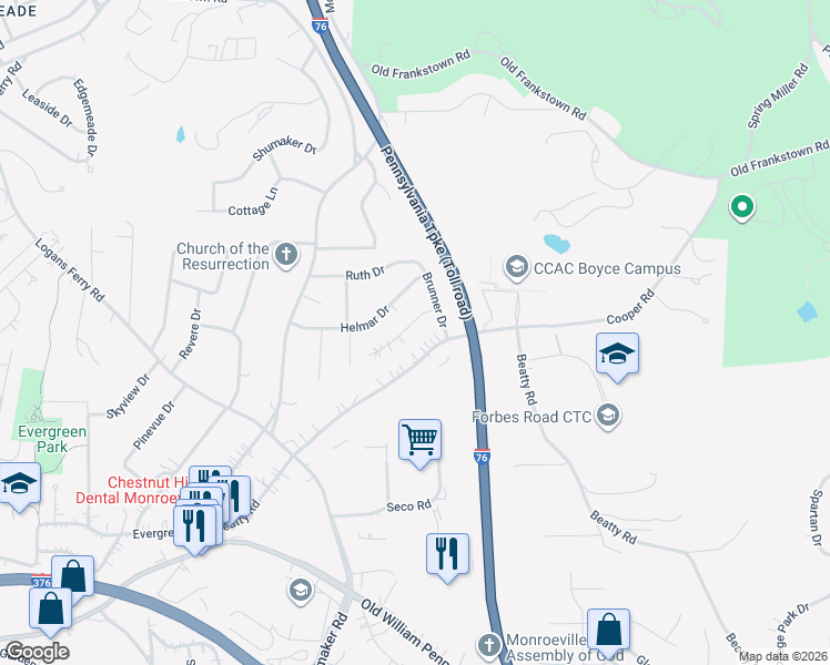 map of restaurants, bars, coffee shops, grocery stores, and more near 4444 Marywood Dr in Monroeville
