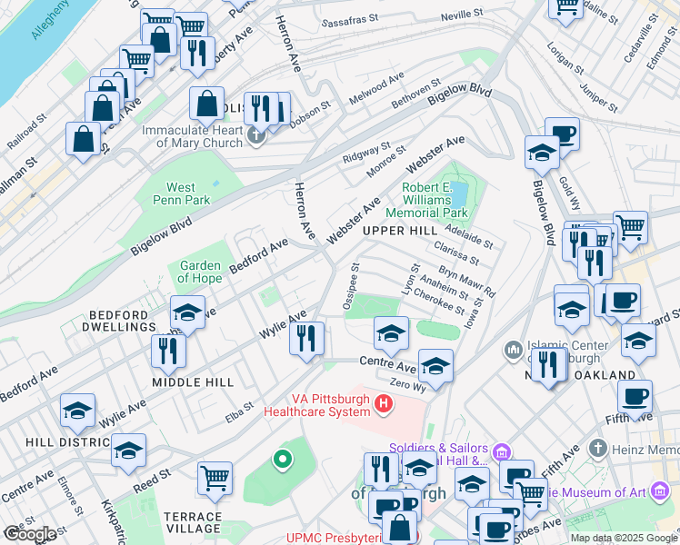 map of restaurants, bars, coffee shops, grocery stores, and more near Bryn Mawr Rd in Allegheny