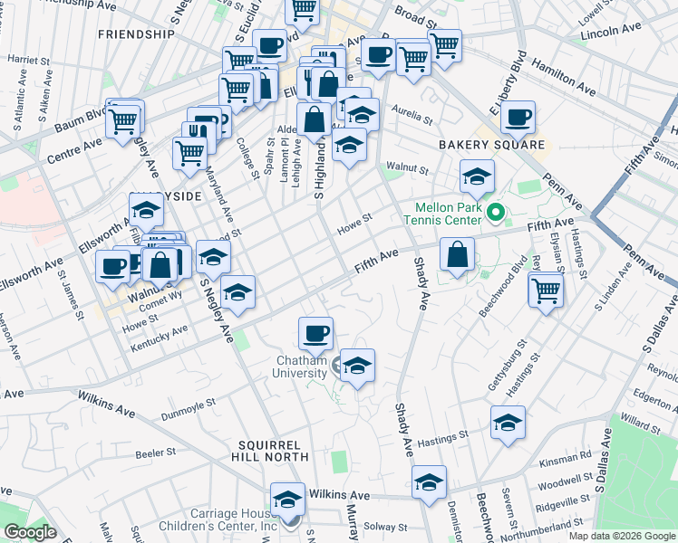 map of restaurants, bars, coffee shops, grocery stores, and more near 5945 Fifth Avenue in Pittsburgh