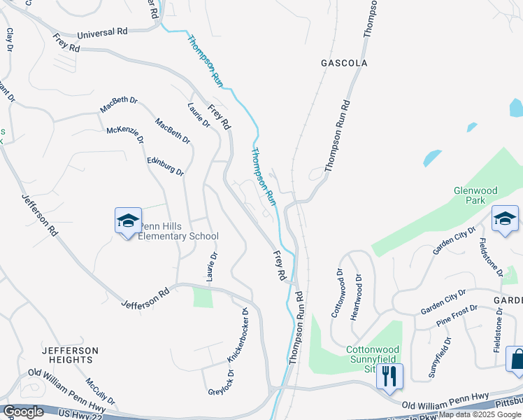 map of restaurants, bars, coffee shops, grocery stores, and more near 1410 Frey Road in Allegheny County