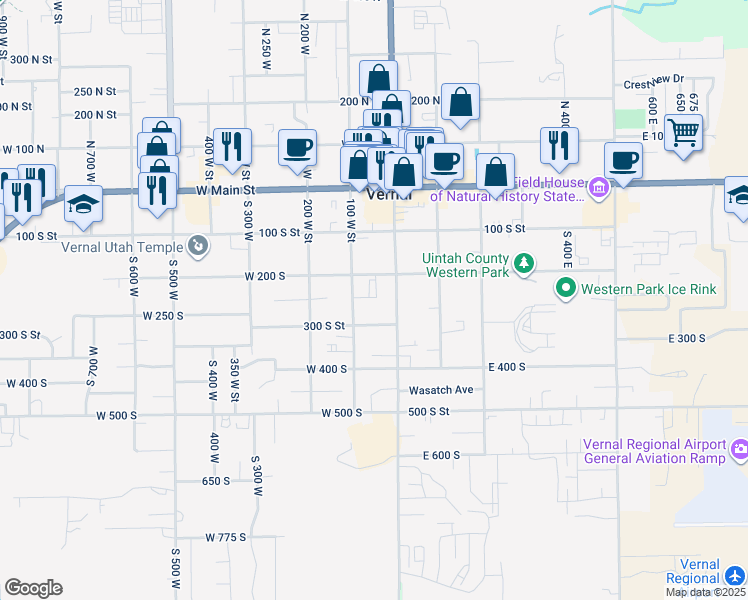 map of restaurants, bars, coffee shops, grocery stores, and more near 250 South Vernal Avenue in Vernal