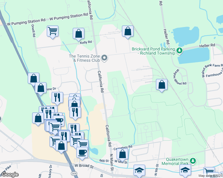 map of restaurants, bars, coffee shops, grocery stores, and more near 8 Fonthill Court in Quakertown