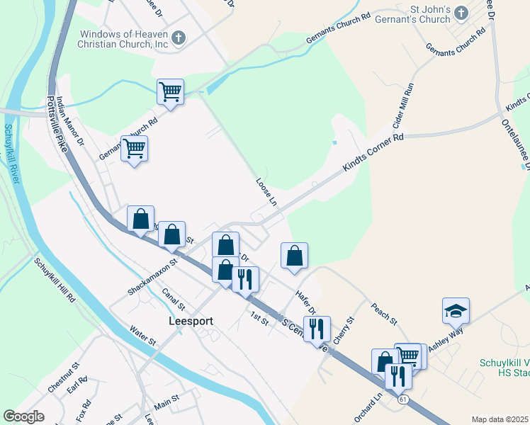 map of restaurants, bars, coffee shops, grocery stores, and more near 359 Kindts Corner Road in Leesport
