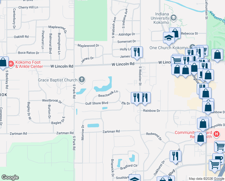 map of restaurants, bars, coffee shops, grocery stores, and more near 2838 Beachwalk Ln in Kokomo