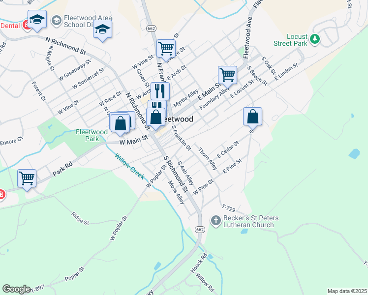 map of restaurants, bars, coffee shops, grocery stores, and more near 100 South Franklin Street in Fleetwood