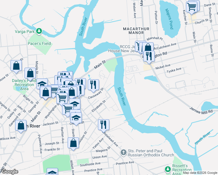 map of restaurants, bars, coffee shops, grocery stores, and more near 12 Little Martin Avenue in South River