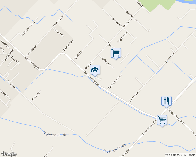 map of restaurants, bars, coffee shops, grocery stores, and more near Lana Ln in Anderson