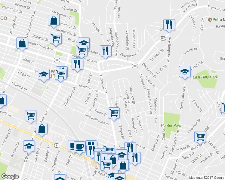 map of restaurants, bars, coffee shops, grocery stores, and more near 631 Singer Place in Pittsburgh