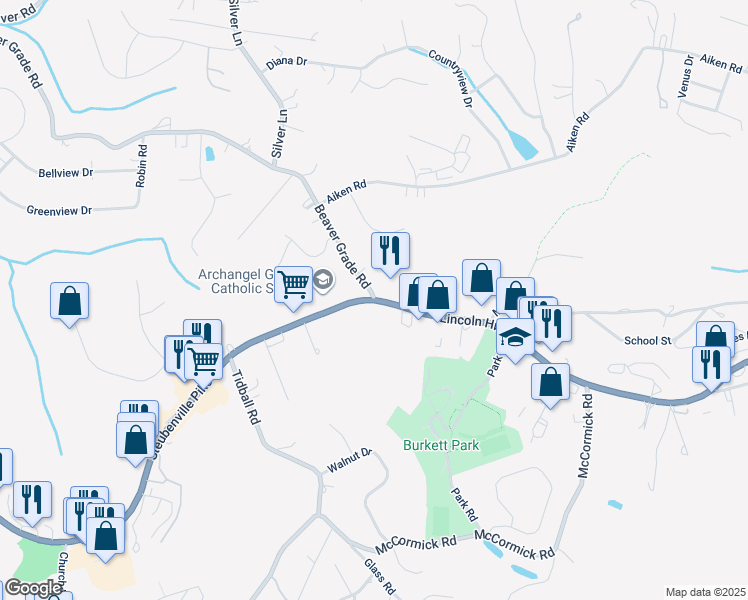 map of restaurants, bars, coffee shops, grocery stores, and more near Pennsylvania 60 in Allegheny County