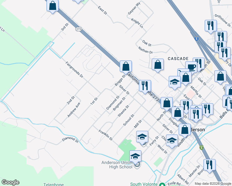 map of restaurants, bars, coffee shops, grocery stores, and more near 3401 Church Street in Anderson