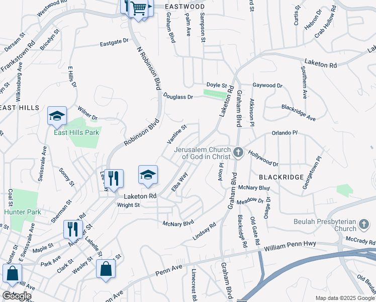 map of restaurants, bars, coffee shops, grocery stores, and more near 2131 Laketon Road in Pittsburgh