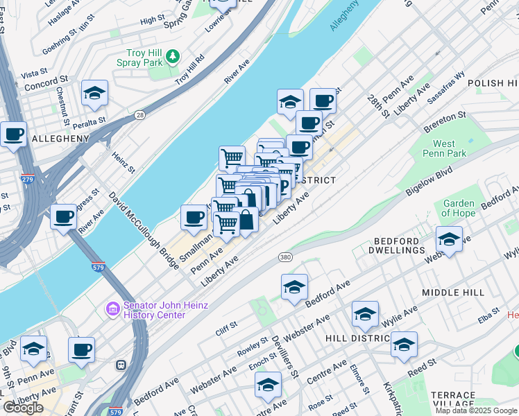 map of restaurants, bars, coffee shops, grocery stores, and more near 2107 Penn Avenue in Pittsburgh