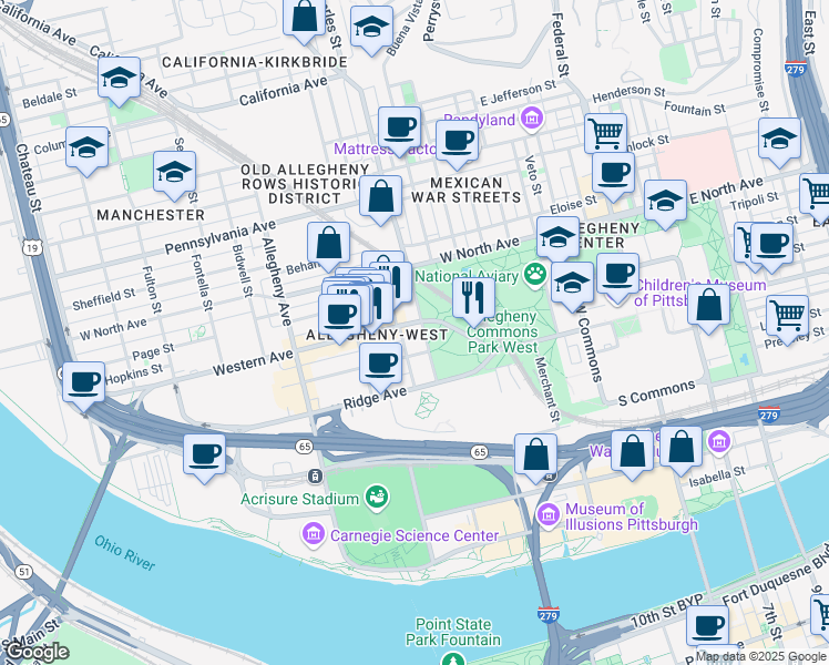 map of restaurants, bars, coffee shops, grocery stores, and more near 801 Western Avenue in Pittsburgh