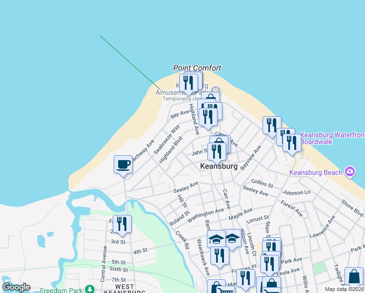 map of restaurants, bars, coffee shops, grocery stores, and more near 177 Center Avenue in Keansburg