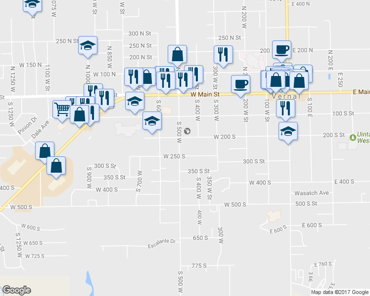 map of restaurants, bars, coffee shops, grocery stores, and more near 247 South 500 West in Vernal