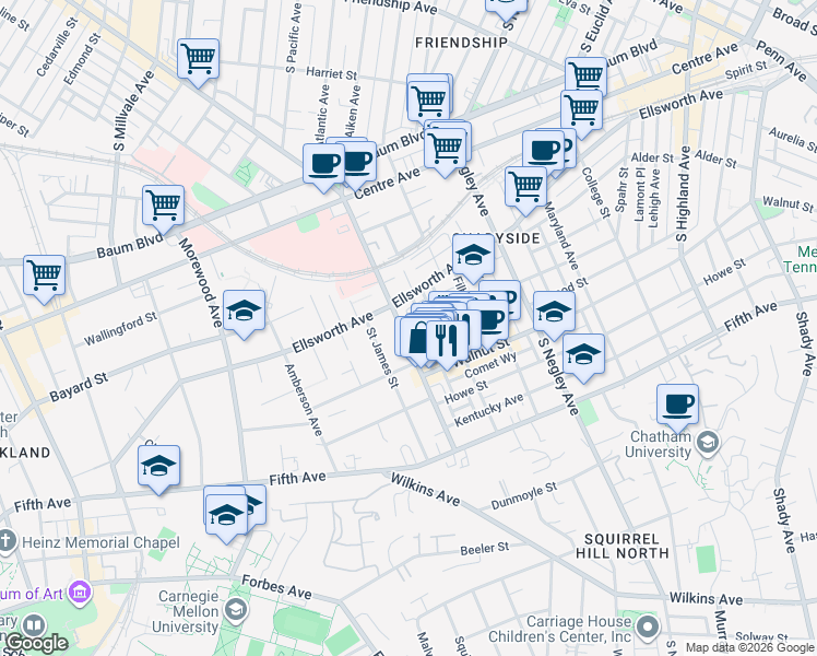 map of restaurants, bars, coffee shops, grocery stores, and more near in Pittsburgh