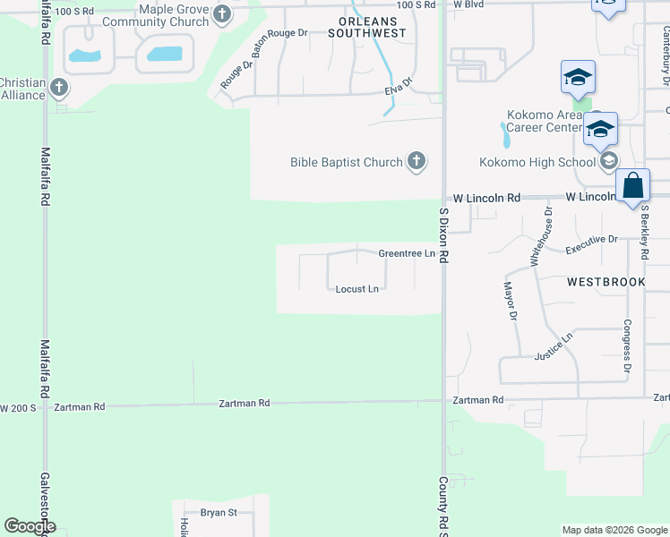 map of restaurants, bars, coffee shops, grocery stores, and more near 2806 Locust Court West in Kokomo