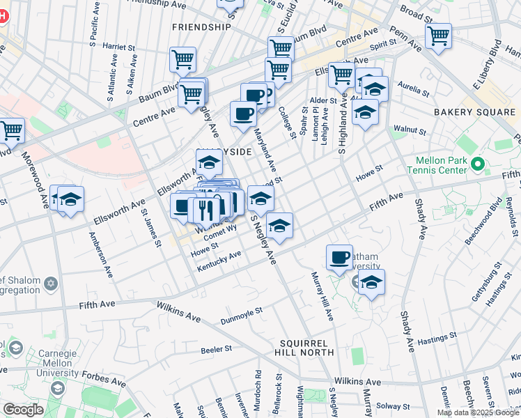 map of restaurants, bars, coffee shops, grocery stores, and more near 5706 Walnut Street in Pittsburgh